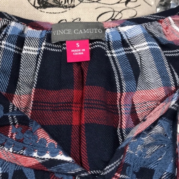 Vince Camuto Embroidered Plaid Peasant Blouse - Picture 3 of 6